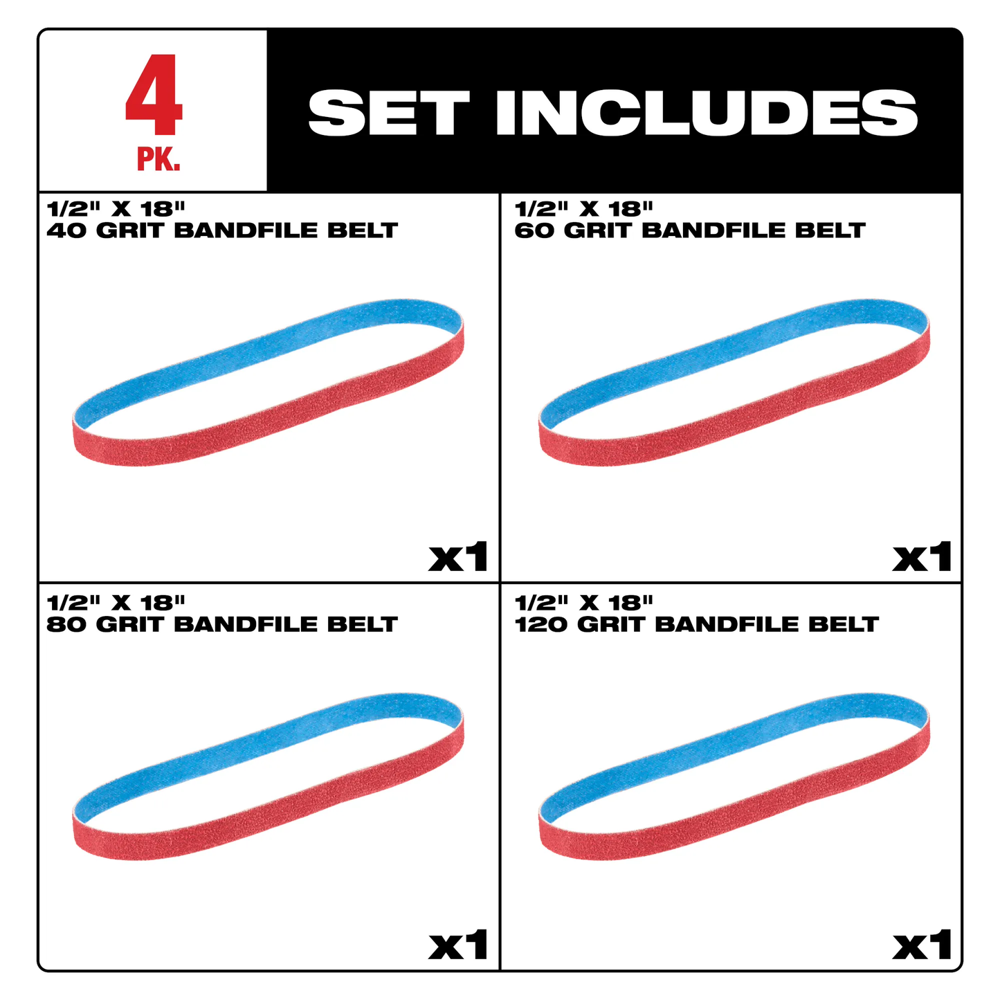 Milwaukee 48-80-9000, 1/2” x 18” 40/60/80/120 Grit Bandfile Belts – 4 pack variety
