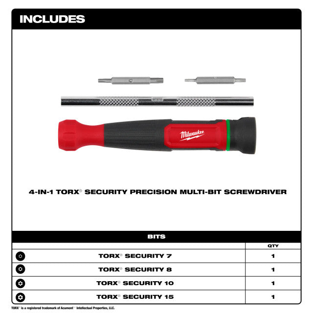 Milwaukee 48-22-2931, 4-in-1 TORX® Security Precision Multi-Bit Screwdriver