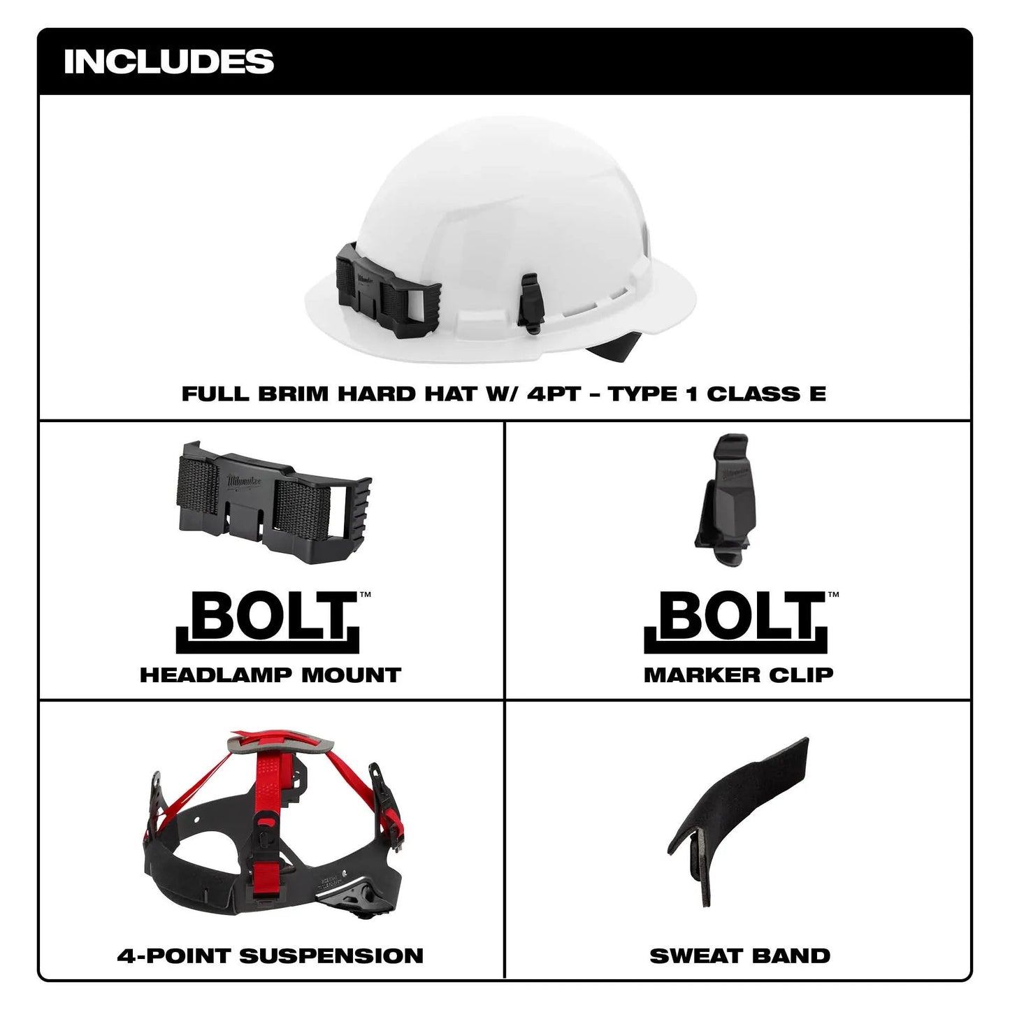 Milwaukee 48-73-1111, BOLT™ Full Brim Hard Hat w/4pt Ratcheting Suspension (USA)