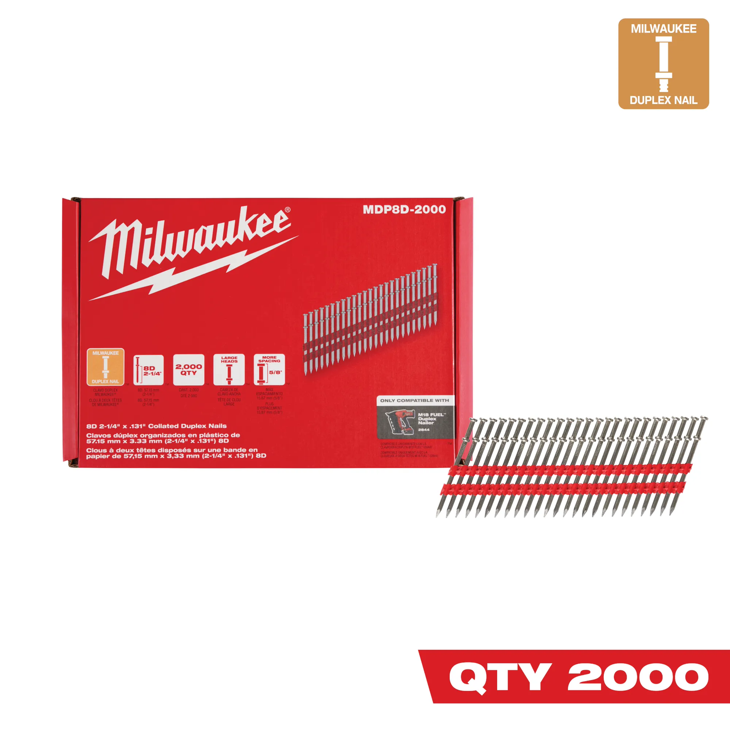 Milwaukee MDP8D-2000, Milwaukee® 8D 2-1/4” x .131” Collated Duplex Nails