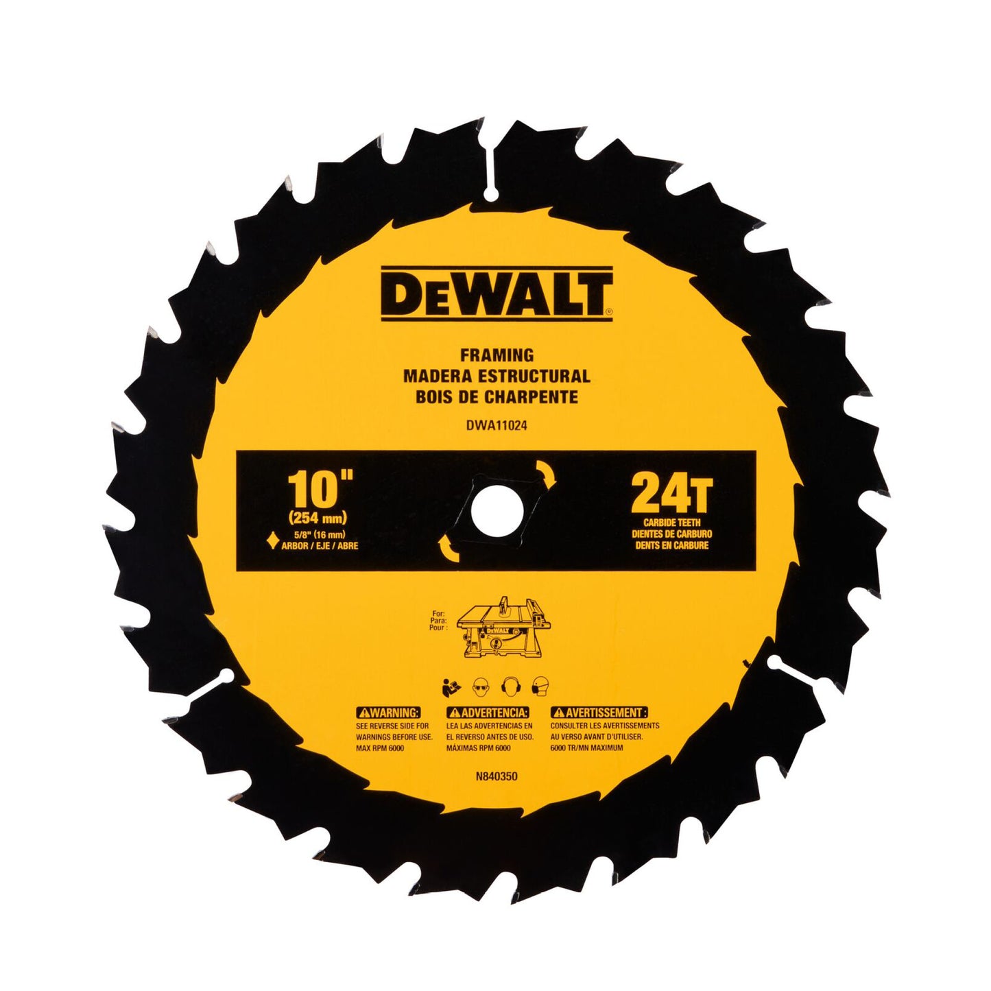 DEWALT DWA11024, 10" Carbide Table Saw Blade 24 Tooth with 5/8 in Arbor (1 Pack)