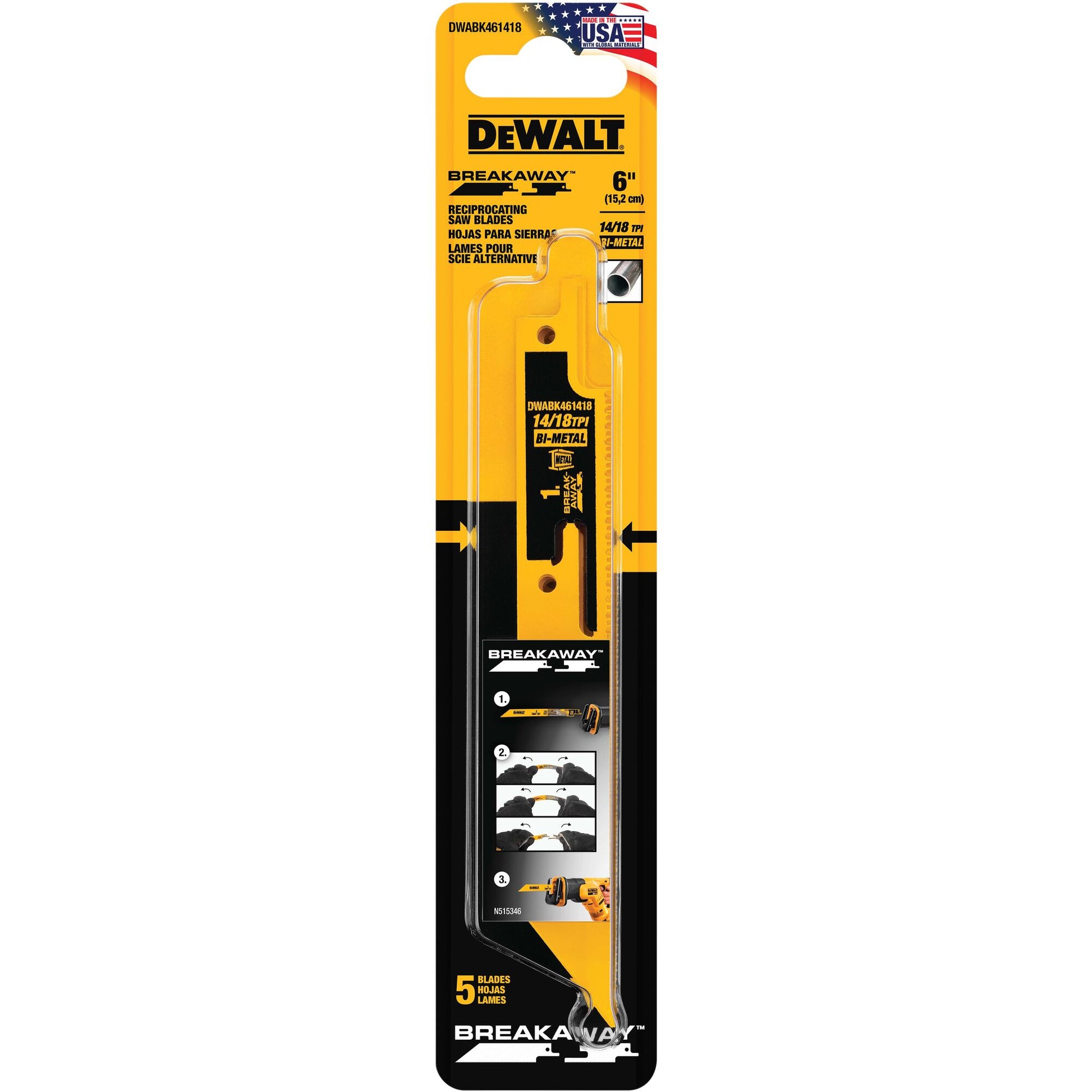 DEWALT DWABK461418, 6'' Breakaway Reciprocating Saw Blades (5/pkg)