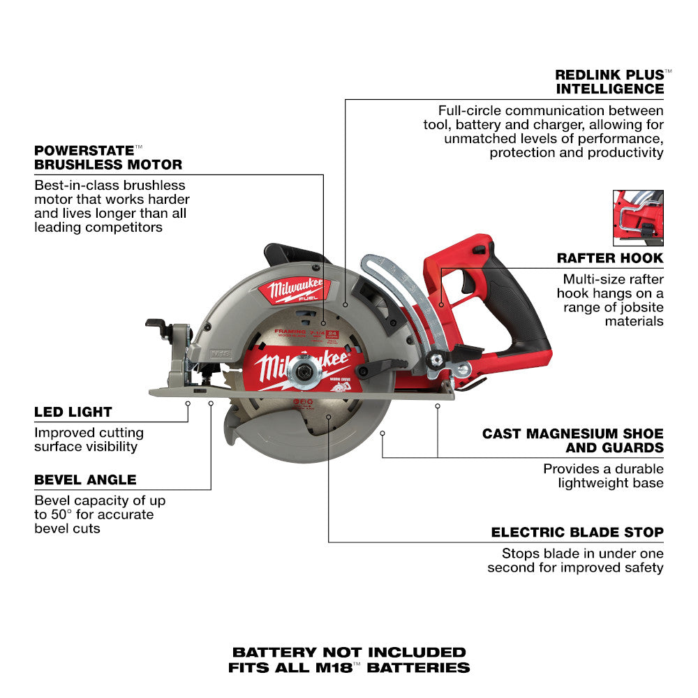 Milwaukee 2830-20, M18 FUEL Brushless Rear Handle 7-1/4" Circular Saw (Tool Only)