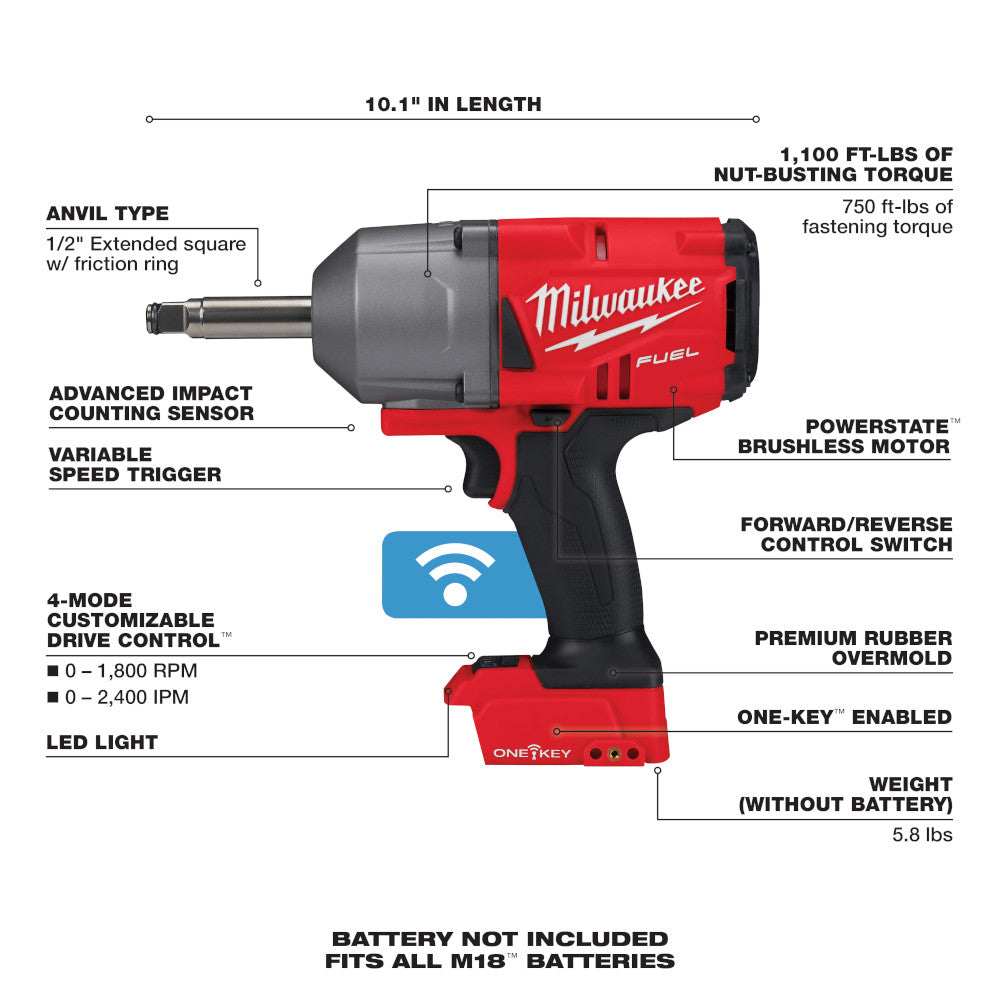 Milwaukee 2769-20, M18 FUEL 1/2" Ext. Anvil Controlled Torque Impact Wrench w/ ONE-KEY (Tool Only)