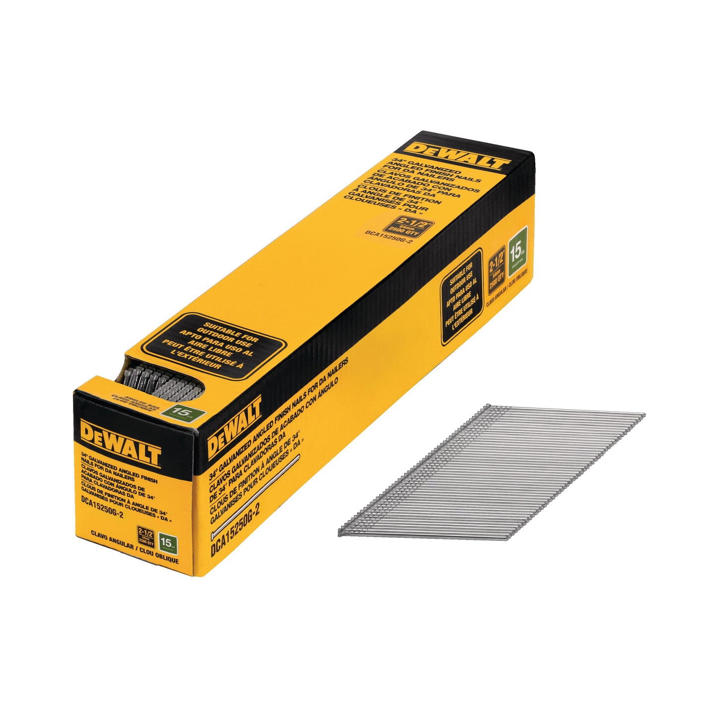 DEWALT DCA15250G-2, 15 Gauge Angled FINISH NAILS, 2-1/2'', CHISEL POINT, GALVANIZED, 2500 CT