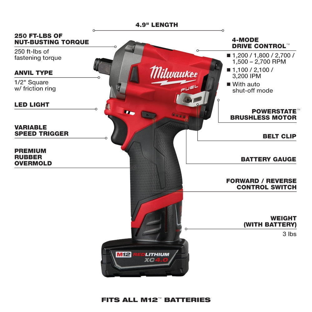 Milwaukee 2555-22, M12 FUEL 1/2" Stubby Impact Wrench Kit