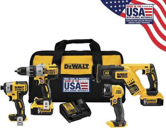 DEWALT DCK494P2, 20V MAX XR 4 Tool (DCD996, DCF887, DCS367 Recip, DCL040) w/ 2 Batteries (5.0Ah) and Bag