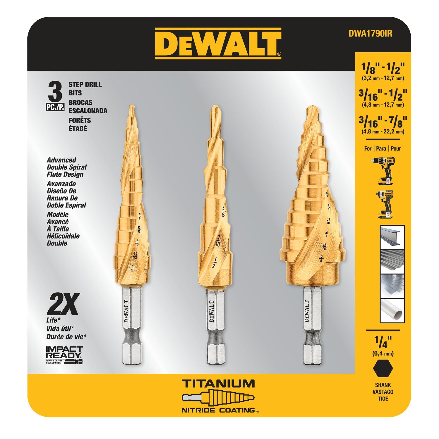 DEWALT DWA1790IR, 3 pc IMPACT READY Step Drill Bit Set