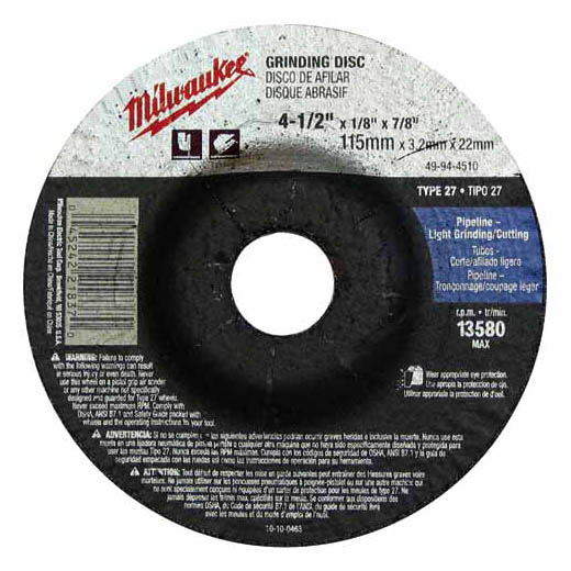 Milwaukee 49-94-4580, 4-1/2" x 1/4" x 7/8" Grinding Wheel, Type 27 (10/pkg)
