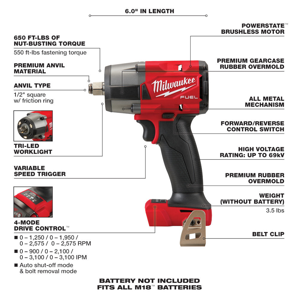 Milwaukee 2962-20, M18 FUEL 1/2" Mid-Torque Impact Wrench w/ Friction Ring (Tool Only)