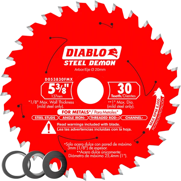 Diablo D053830FMX, Steel Demon 5 3/8-inch x 30 Tooth Carbide Tipped Trim Saw Blade for Metal Cutting