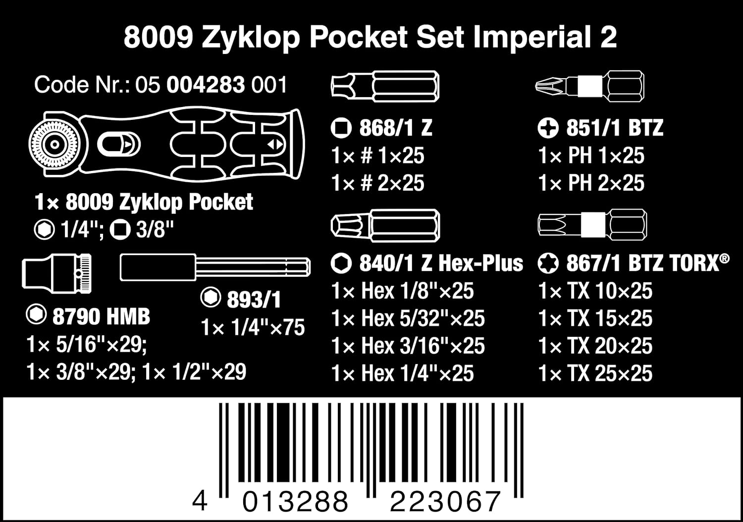 Wera 05004283001, 8009 ZYKLOP POCKET IMPERIAL SET 2, 18 PIECES