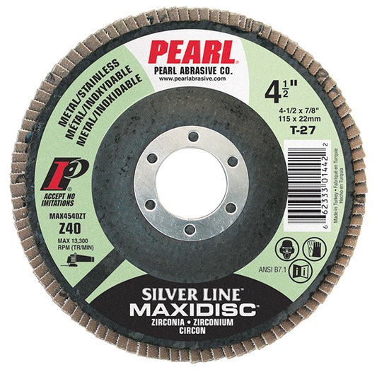 PEARL Abrasives MX506Z9T, 5 x 7/8 Silver Line™ Zirconia Maxidisc™ Flap Discs for Metal/Stainless Steel, Type 29 Shape, Z60