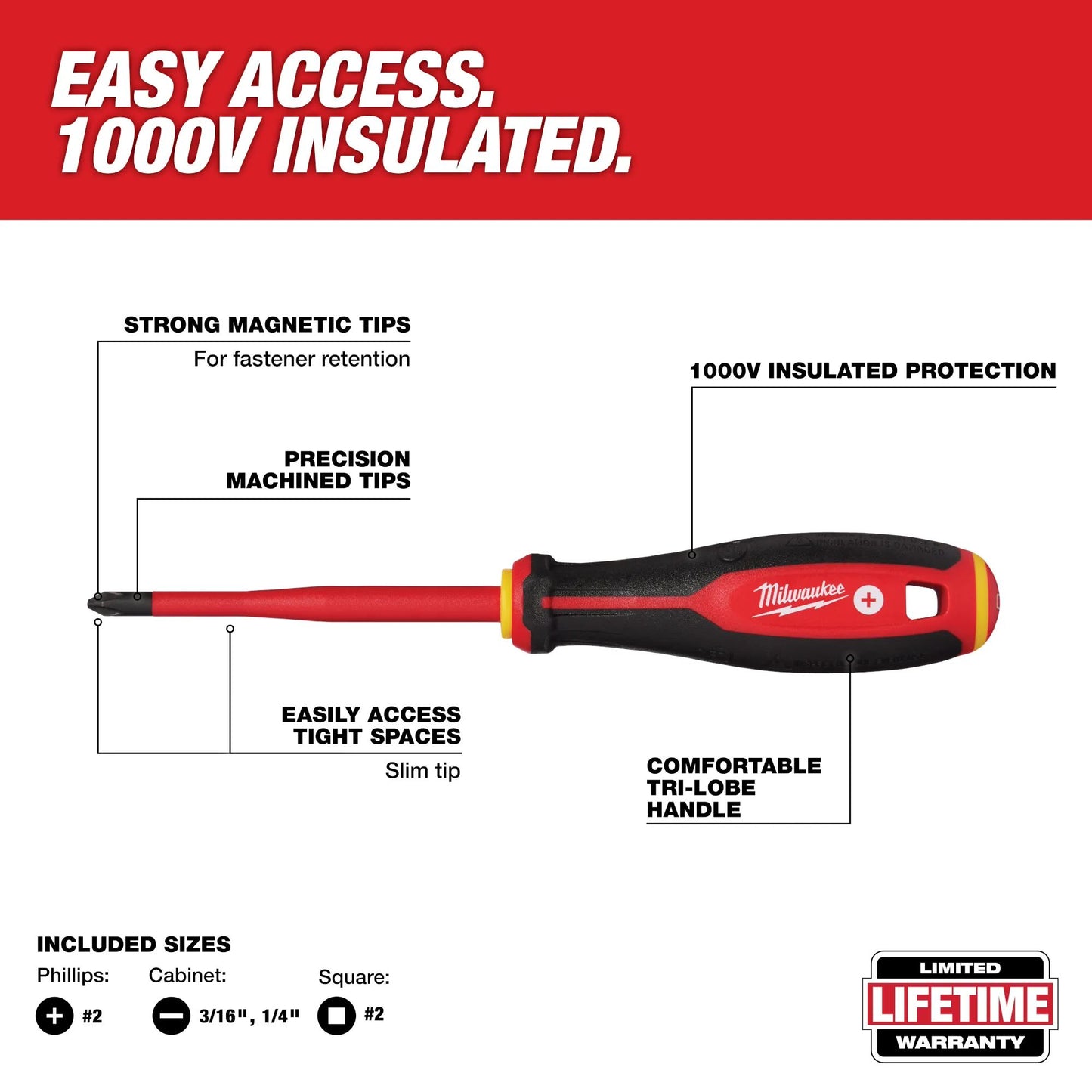 Milwaukee 48-22-2219, 4pc 1000V Insulated Slim Tip Screwdriver Set