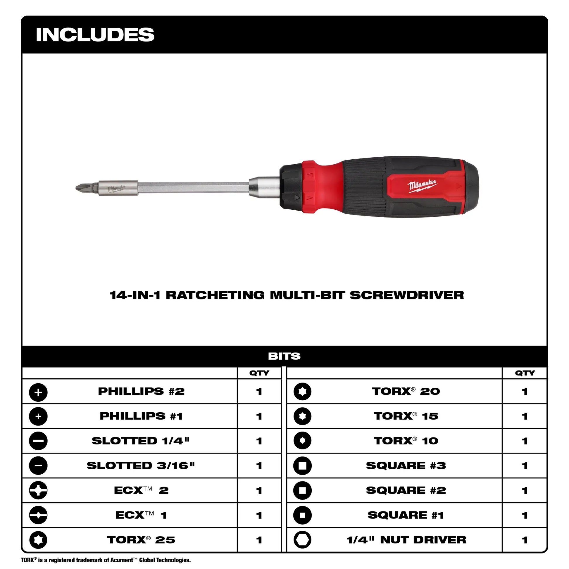 Milwaukee 48-22-2903, 14-in-1 Ratcheting Multi-Bit Screwdriver