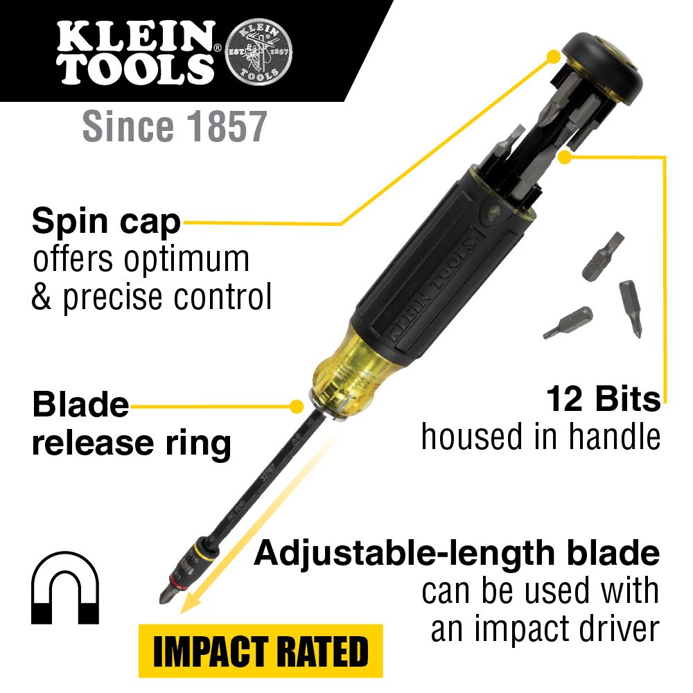 Klein Tools 32304, 14-in-1 HVAC Adjustable-Length Impact Screwdriver with Flip Socket