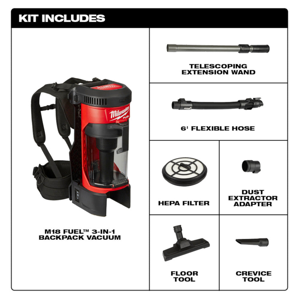 Milwaukee 0885-20, 3-in-1 Backpack Vacuum (Tool Only)