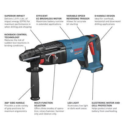 BOSCH GBH18V-26DN, 18V Brushless 1" SDS-plus® D-Handle Rotary Hammer (Bare Tool)