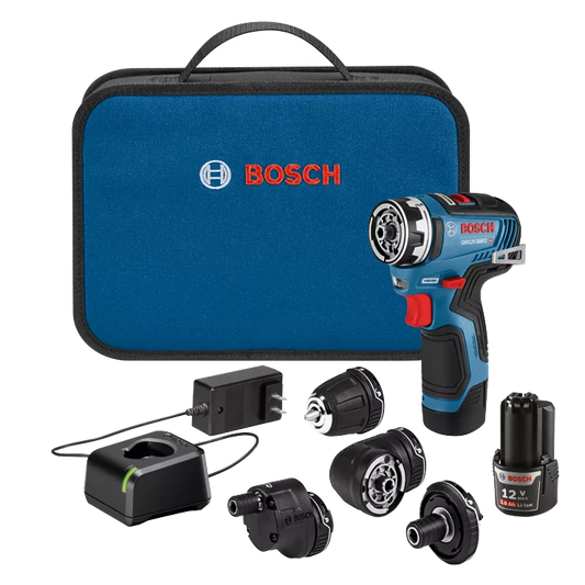 BOSCH GSR12V-300FCB22, 12V Max Brushless FlexiClick 5-in-1 Drill Driver Kit w/ (2) 2.0Ah Batteries