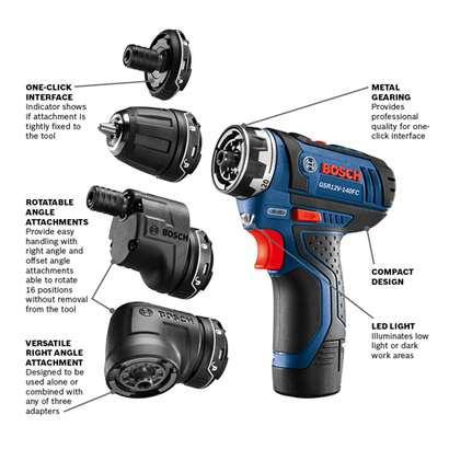 BOSCH GSR12V-140FCB22, 12V Max FlexiClick 5-in-1 Drill Driver Kit w/ (2) 2.0 Ah Batteries