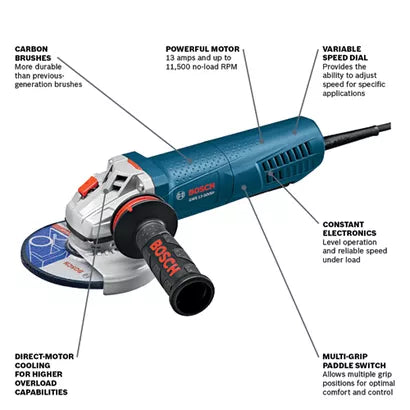 BOSCH GWS13-50VSP, 5" Variable Speed Angle Grinder - 13 Amp w/ Paddle Switch