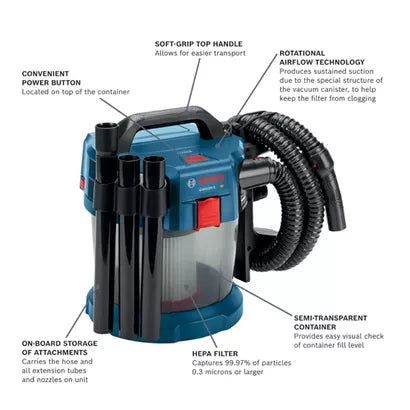 BOSCH GAS18V-3N, 18V 2.6-Gallon Wet/Dry Vacuum Cleaner with HEPA Filter (Bare Tool)