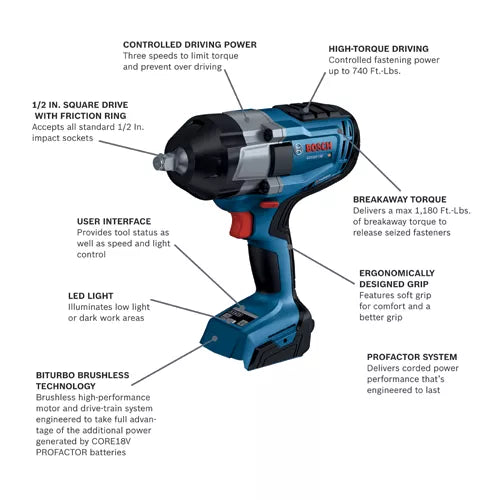 BOSCH GDS18V-740N, 18V BITURBO Brushless 1/2 In. Impact Wrench with Friction Ring (Bare Tool)