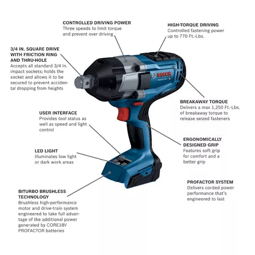 BOSCH GDS18V-770N, 18V BITURBO Brushless 3/4 In. Impact Wrench w/ Friction Ring & Thru Hole (Bare Tool)