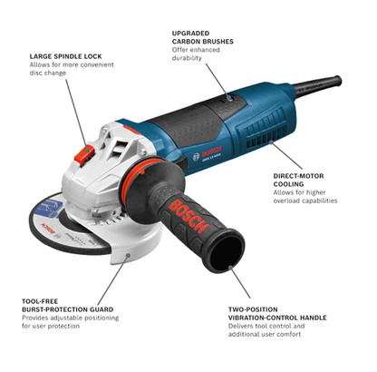 BOSCH GWS13-50VS, 5" Variable Speed Angle Grinder - 13 Amp w/ Lock-on Slide Switch