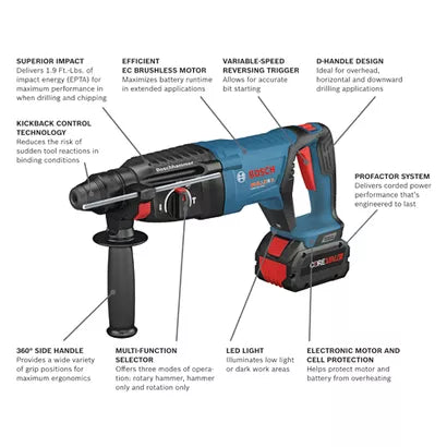 BOSCH GBH18V-26DK24, 18V Brushless 1" SDS-plus® D-Handle Rotary Hammer w/ (2) 8.0 Ah CORE Performance Batteries