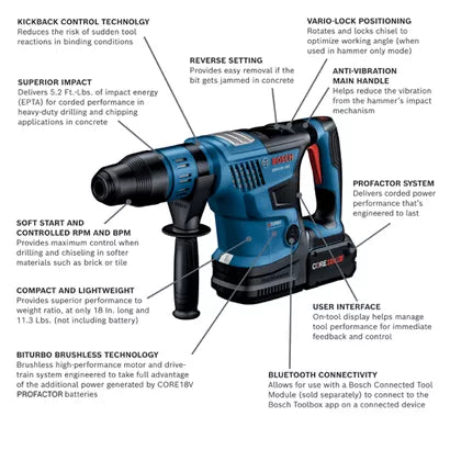 BOSCH GBH18V-36CK24, 18V PROFACTOR 1-9/16" SDS-max Rotary Hammer w/ (2)  8.0 Ah CORE Performance Batteries