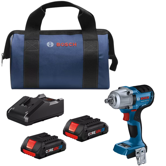 BOSCH GDS18V-330CB25, 18V Brushless 1/2" Impact Wrench Friction Ring w/ (2) 4.0 Ah CORE Compact Battery