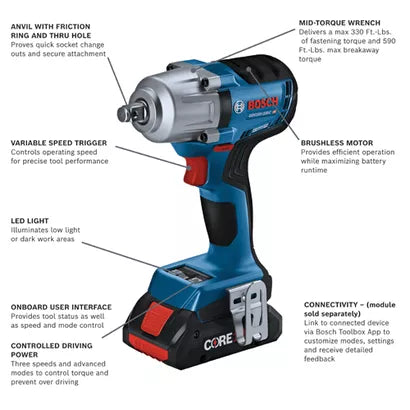 BOSCH GDS18V-330CB25, 18V Brushless 1/2" Impact Wrench Friction Ring w/ (2) 4.0 Ah CORE Compact Battery