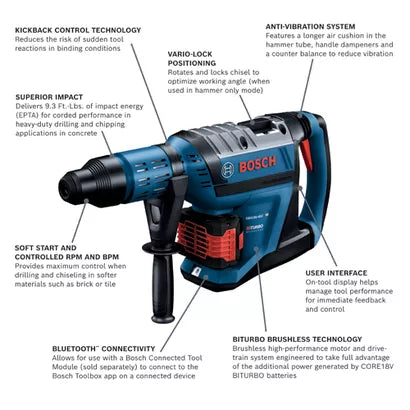 BOSCH GBH18V-45CK24, 18V PROFACTOR 1-7/8" SDS-max Rotary Hammer w/ (2) 8.0 Ah CORE Performance Batteries