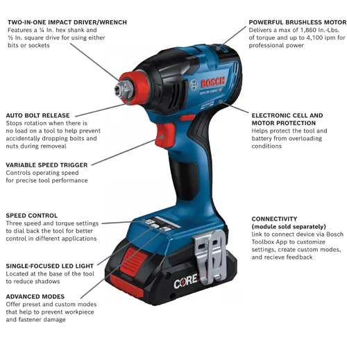 BOSCH GDX18V-1860CB25, 18V Brushless Advanced Connected-Ready Socket-Ready Impact w/ (2) 4.0 Ah CORE Compact Batteries