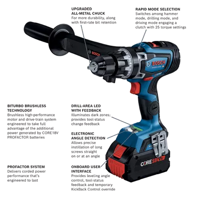 BOSCH GSB18V-1330CB14, 18V PROFACTOR Brushless Connected-Ready Brute Tough 1/2 In. Hammer Drill/Driver Kit w/ (1) 8.0 Ah CORE Performance Battery