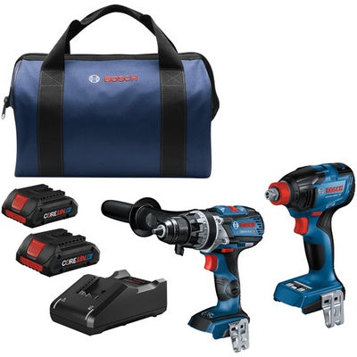BOSCH GXL18V-227B25, 18V 2-Tool Combo Kit with Connected-Ready Two-In-One 1/4 In. Bit/Socket Impact Driver/Wrench, 1/2 In. Hammer Drill/Driver and (2) CORE18V® 4 Ah Advanced Power Batteries