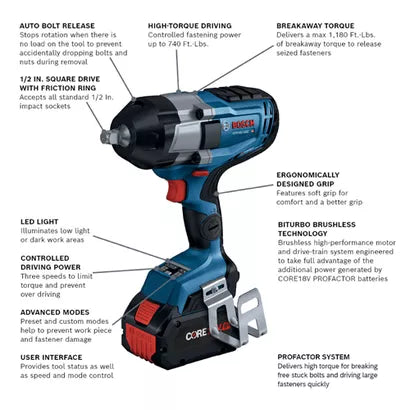 BOSCH GDS18V-740CB14, 18V PROFACTOR Brushless Connected-Ready 1/2 In. Impact Wrench with Friction Ring Kit w/ (1) 8.0 Ah CORE Performance Battery