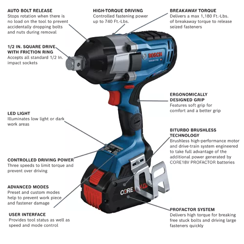 BOSCH GDS18V-770CB14, 18V PROFACTOR Brushless Connected-Ready 3/4 In. Impact Wrench with Friction Ring & Thru Hole Kit w/ (1) 8.0 Ah CORE Performance Battery