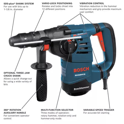 BOSCH RH328VCQ, 1-1/8" SDS-plus® Rotary Hammer w/ Vibration Control & QCC