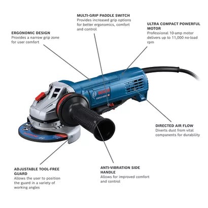 BOSCH GWS10-450P, 4-1/2” Angle Grinder - 10 Amp w/ Lock-on Paddle Switch