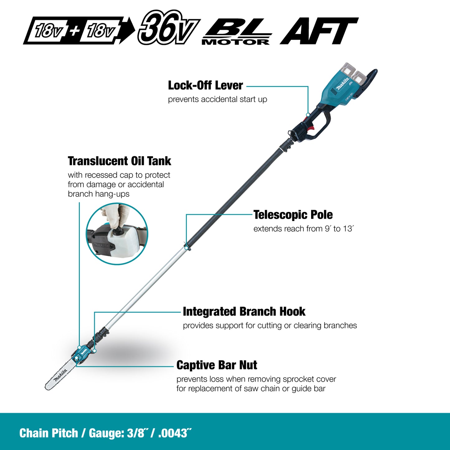 Makita DUA251Z, 36V(18Vx2)LXT Brushless Cordless 10" Telescopic Pole Chainsaw w/XPT (Tool Only)