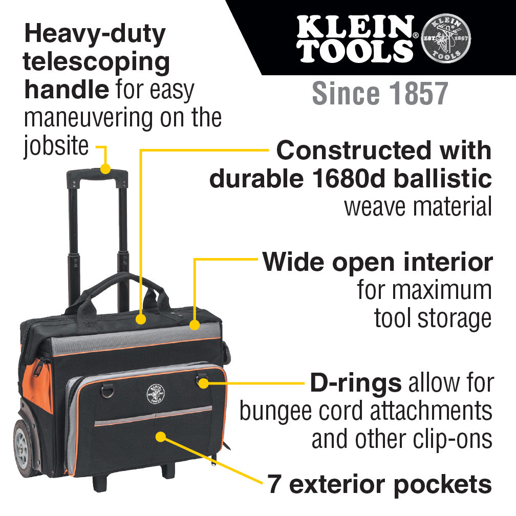 Klein Tools 55452RTB, Tool Bag, Tradesman Pro™ Rolling Tool Bag, 24 Pockets, 19-Inch