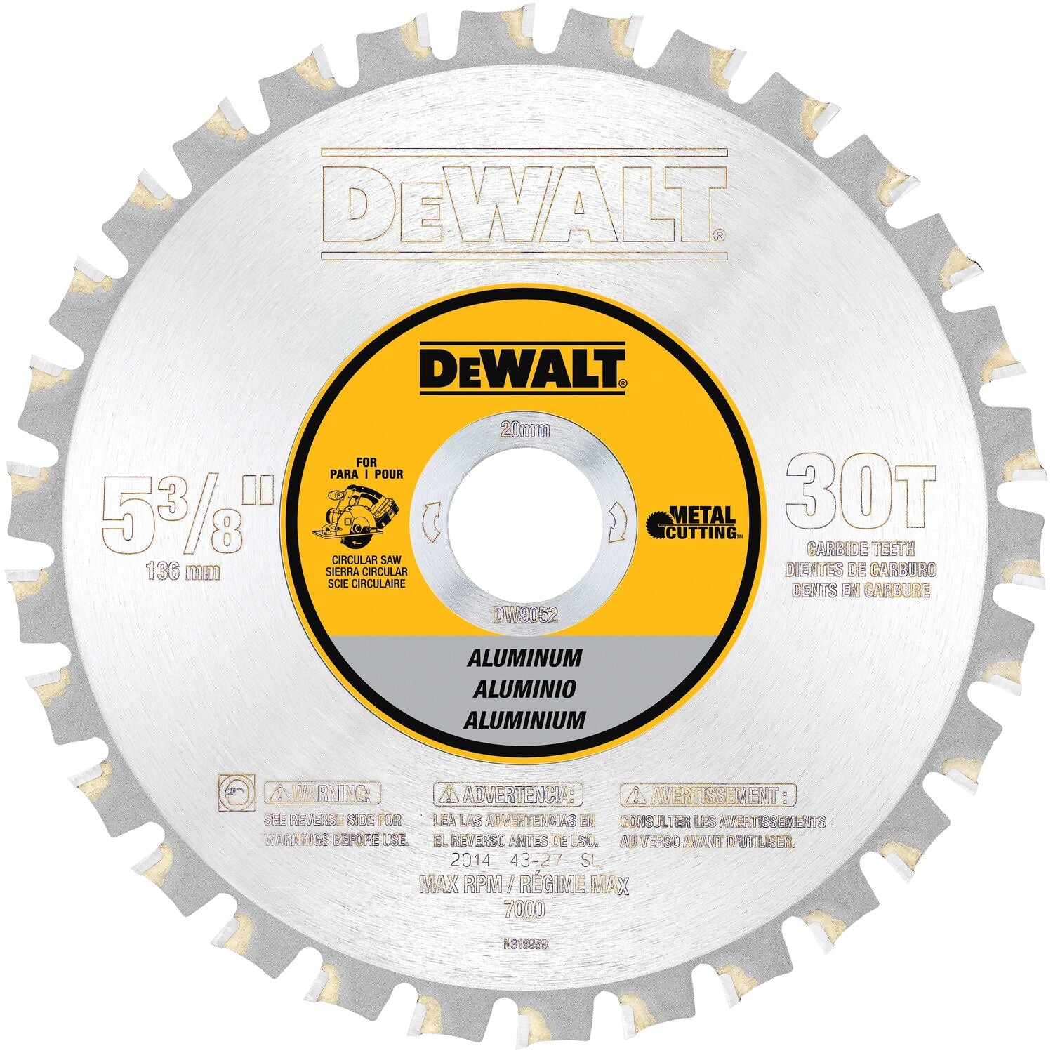 DEWALT DW9052, 5-3/8'' 30T Aluminum Cutting Saw Blade 20mm Arbor