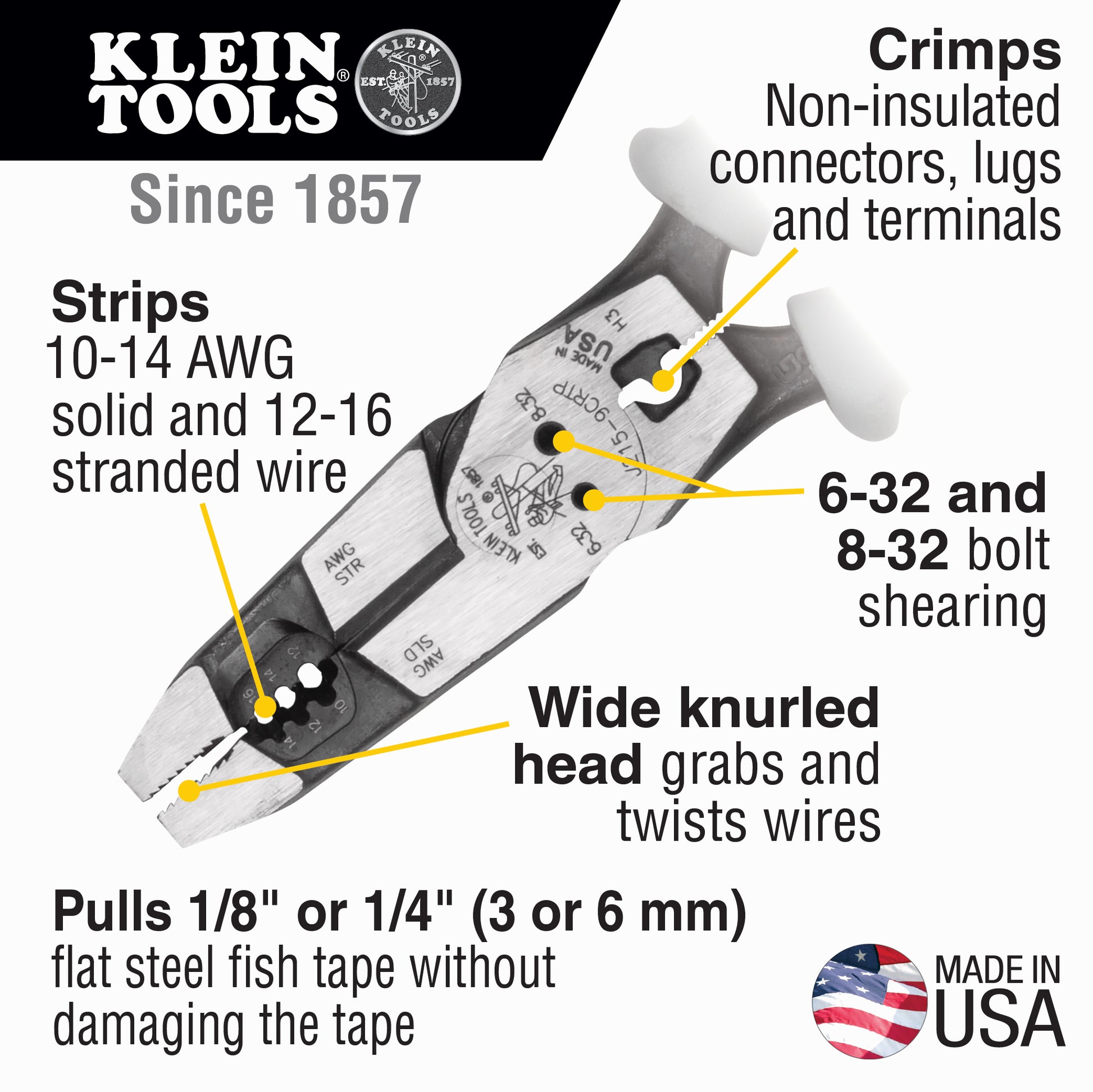 Klein Tools J2159CRTP, Hybrid Pliers with Crimper, Fish Tape Puller and Wire Stripper