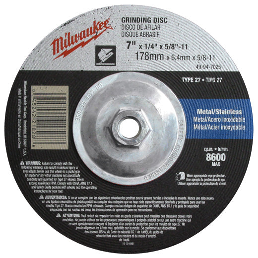 Milwaukee 49-94-9025, 9" x 1/4" x 5/8-11" Grinding Wheel, Type 27 (10/pkg)