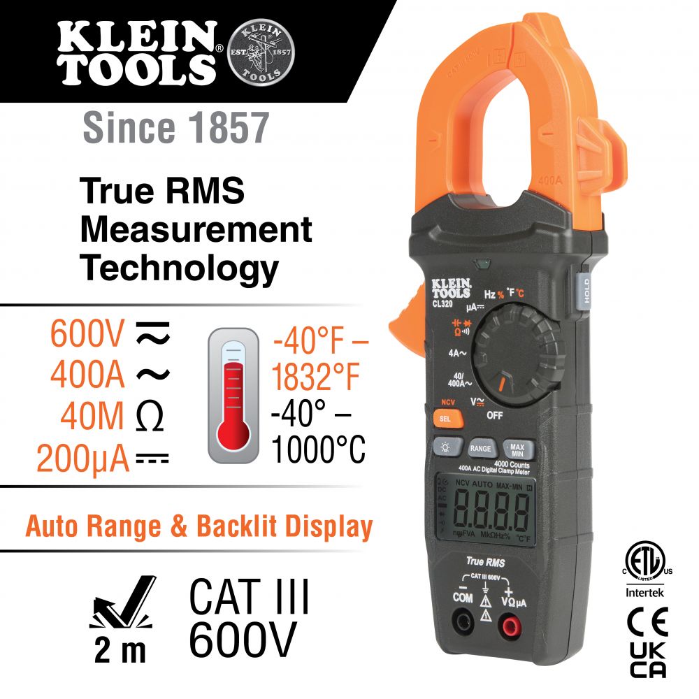 Klein Tools CL320, HVAC Digital Clamp Meter, AC Auto-Ranging 400 Amp