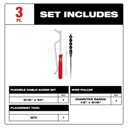 Milwaukee 48-13-8403, 9/16” x 54" Flexible Cable Auger Bit 3PC Set