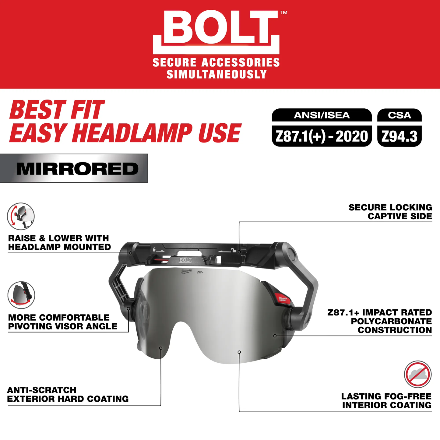 Milwaukee 48-73-1419, BOLT™ Eye Visor - Mirrored Dual Coat Lens (Compatible with Milwaukee® BOLT™ Safety Helmets & BOLT™ Hard Hats)