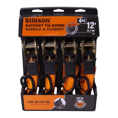 Stinson 406203, 12' Ratchet Tie-Down Set 1200 lbs (4/pkg)